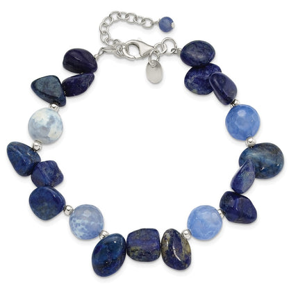 Sterling Silver Agate W/shell, Lapis and Sodalite w/1in Ext Bracelet