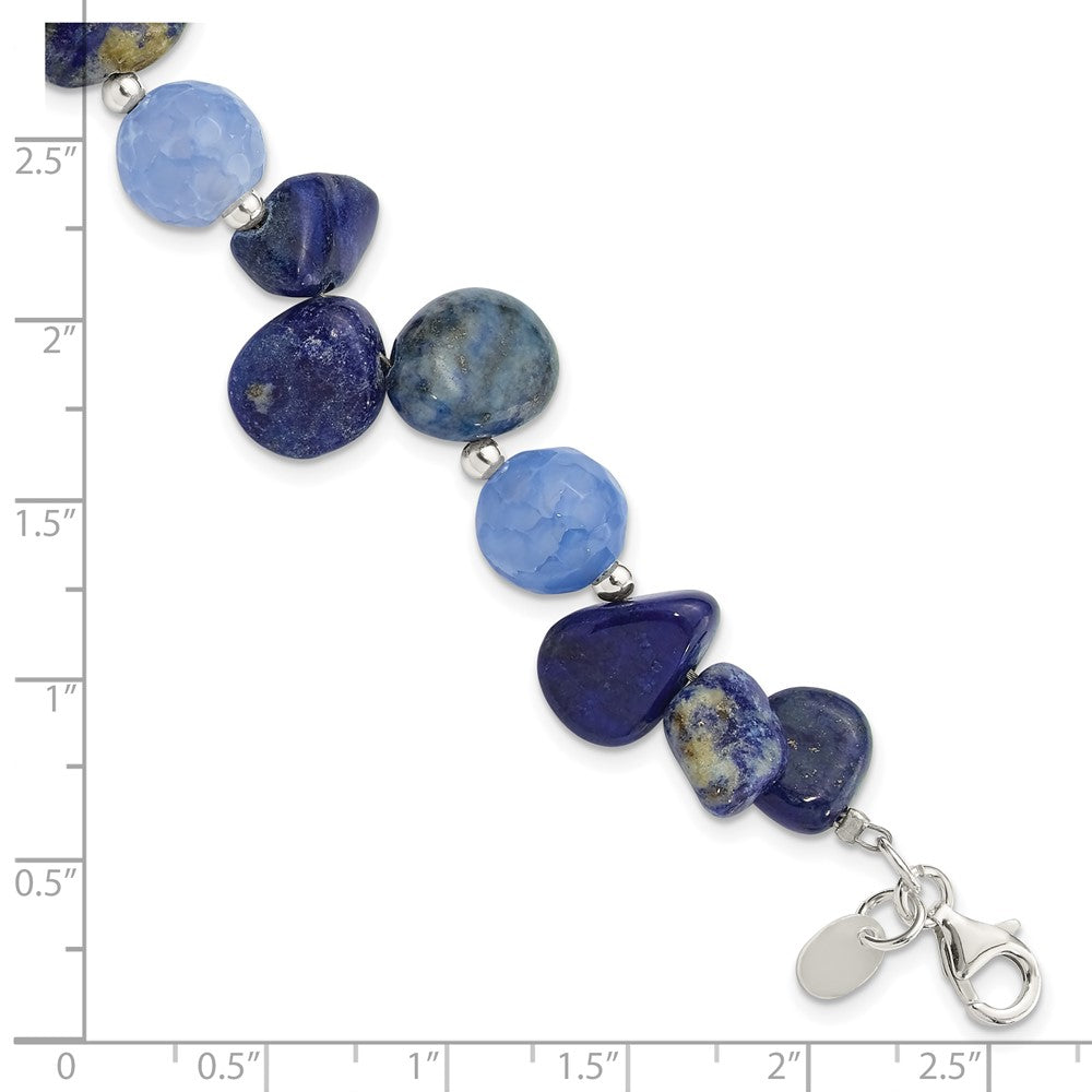 Sterling Silver Agate W/shell, Lapis and Sodalite w/1in Ext Bracelet