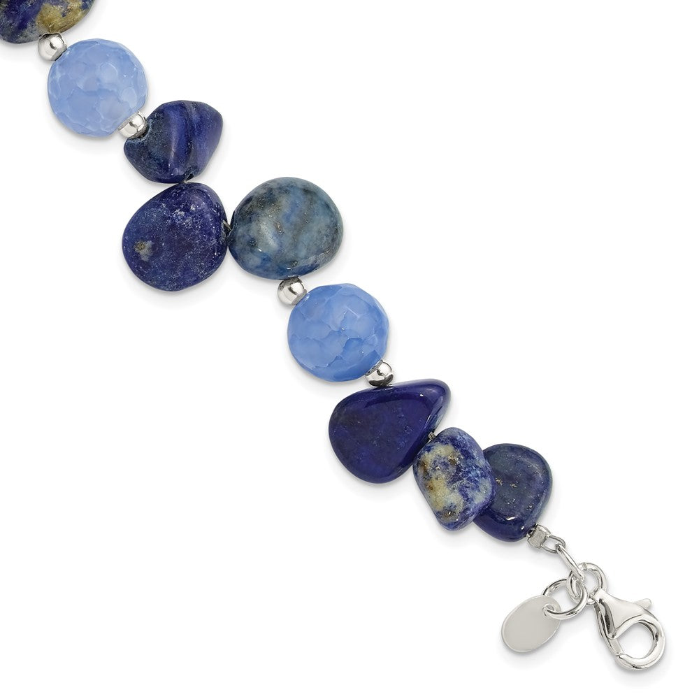 Sterling Silver Agate W/shell, Lapis and Sodalite w/1in Ext Bracelet