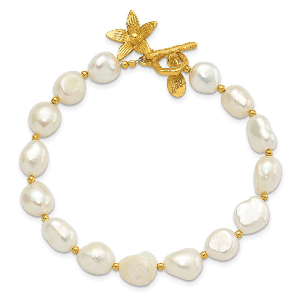 Sterling Silver Gold-Plated Fwc Pearl Flower 7.5in Toggle Bracelet