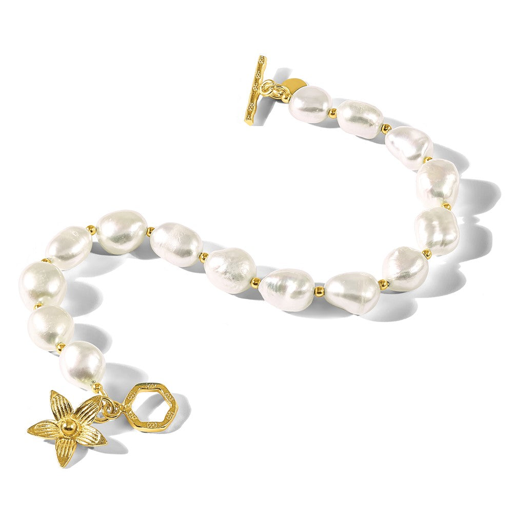 Sterling Silver Gold-Plated Fwc Pearl Flower 7.5in Toggle Bracelet