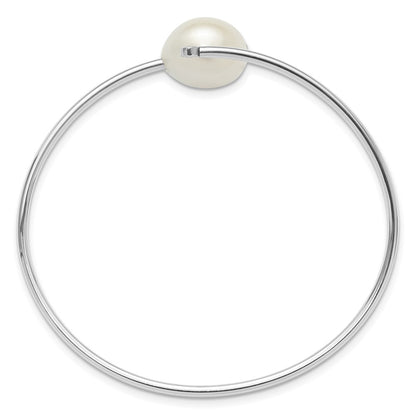 Sterling Silver Rhodium Plated 13-14mm Fwc Pearl and CZ Flexible Bangle