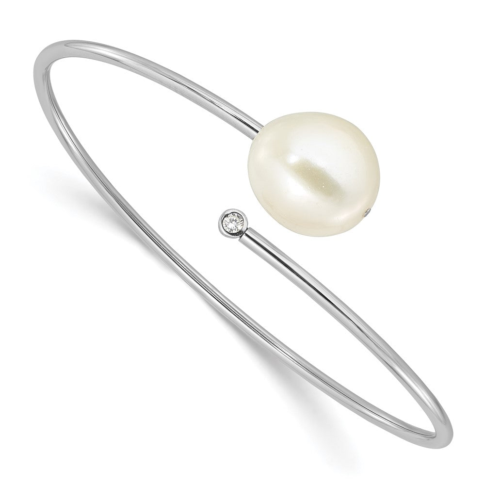 Sterling Silver Rhodium Plated 13-14mm Fwc Pearl and CZ Flexible Bangle