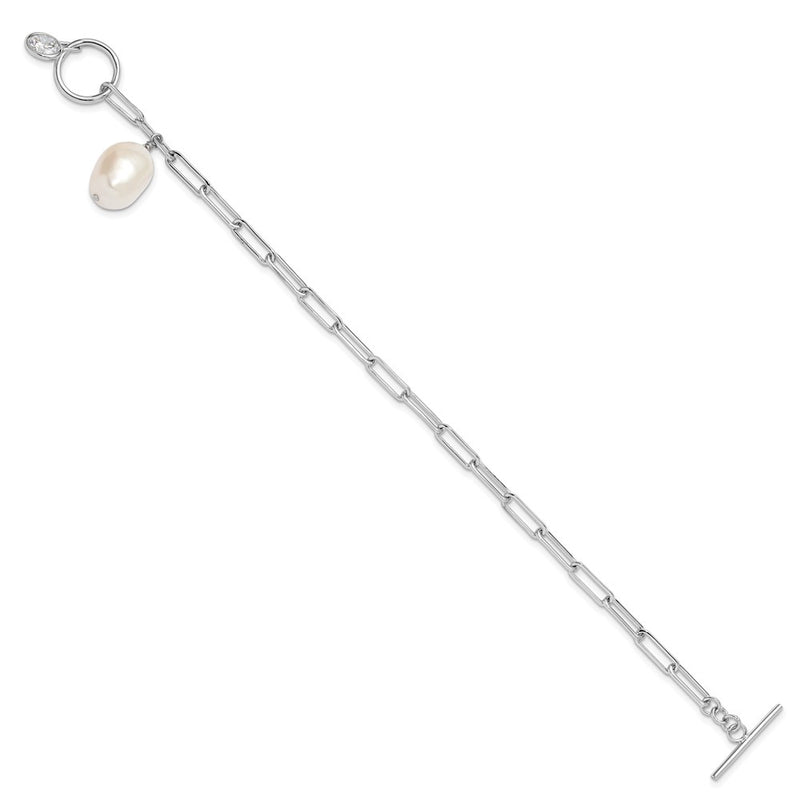 Sterling Silver Rhodium Plated Paperclip Cz/fwc Pearl Toggle Bracelet