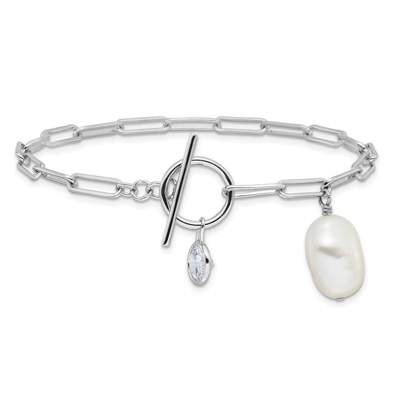 Sterling Silver Rhodium Plated Paperclip Cz/fwc Pearl Toggle Bracelet