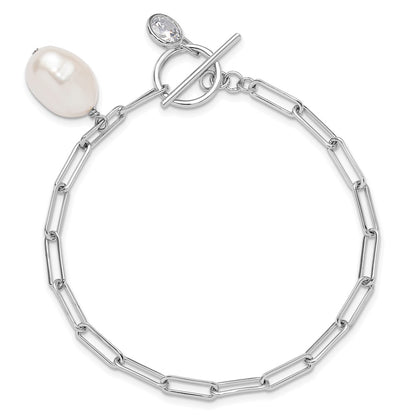 Sterling Silver Rhodium Plated Paperclip Cz/fwc Pearl Toggle Bracelet