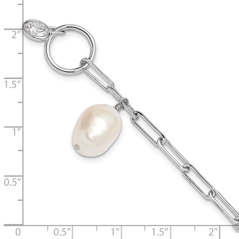 Sterling Silver Rhodium Plated Paperclip Cz/fwc Pearl Toggle Bracelet