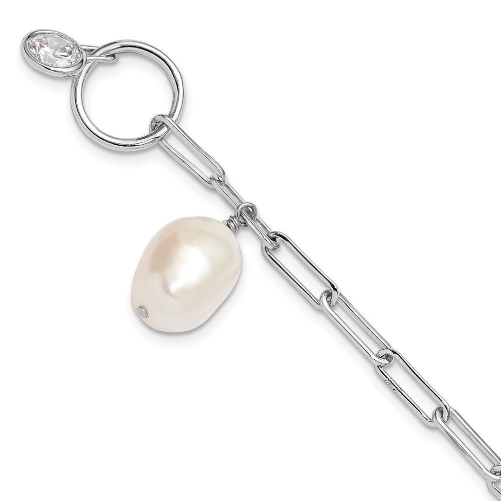 Sterling Silver Rhodium Plated Paperclip Cz/fwc Pearl Toggle Bracelet