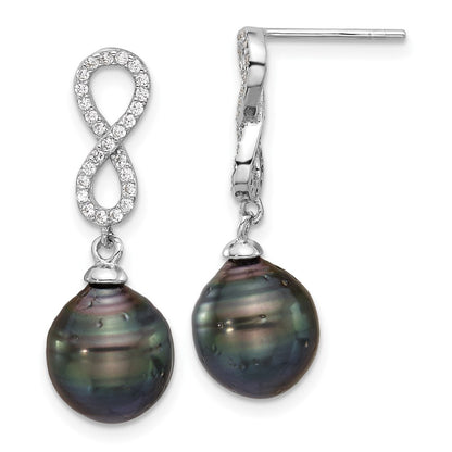 Sterling Silver Rhodium Plated Tahitian Pearl/cz Infinity Necklace/earring Set