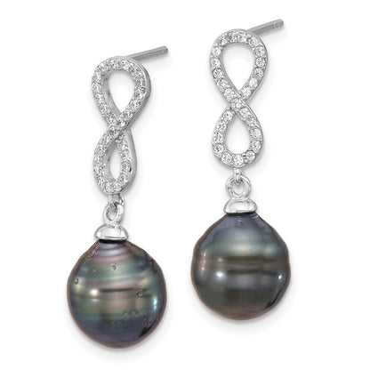 Sterling Silver Rhodium Plated Tahitian Pearl/cz Infinity Necklace/earring Set