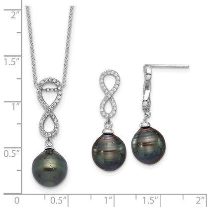 Sterling Silver Rhodium Plated Tahitian Pearl/cz Infinity Necklace/earring Set