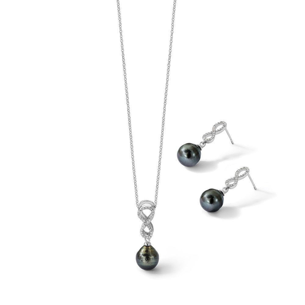Sterling Silver Rhodium Plated Tahitian Pearl/cz Infinity Necklace/earring Set