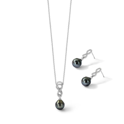 Sterling Silver Rhodium Plated Tahitian Pearl/cz Infinity Necklace/earring Set