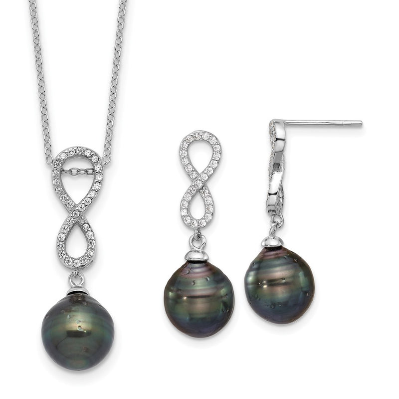 Sterling Silver Rhodium Plated Tahitian Pearl/cz Infinity Necklace/earring Set