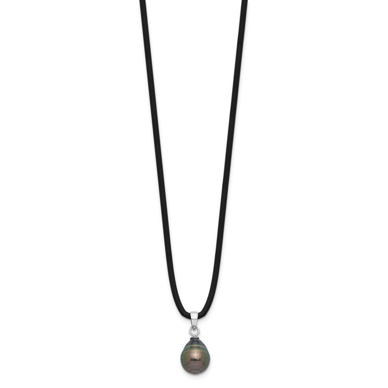 Sterling Silver Rhodium Plated Tahitian Pearl 18in Black Silicone Necklace
