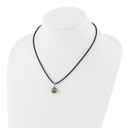 Sterling Silver Rhodium Plated Tahitian Pearl 18in Black Silicone Necklace