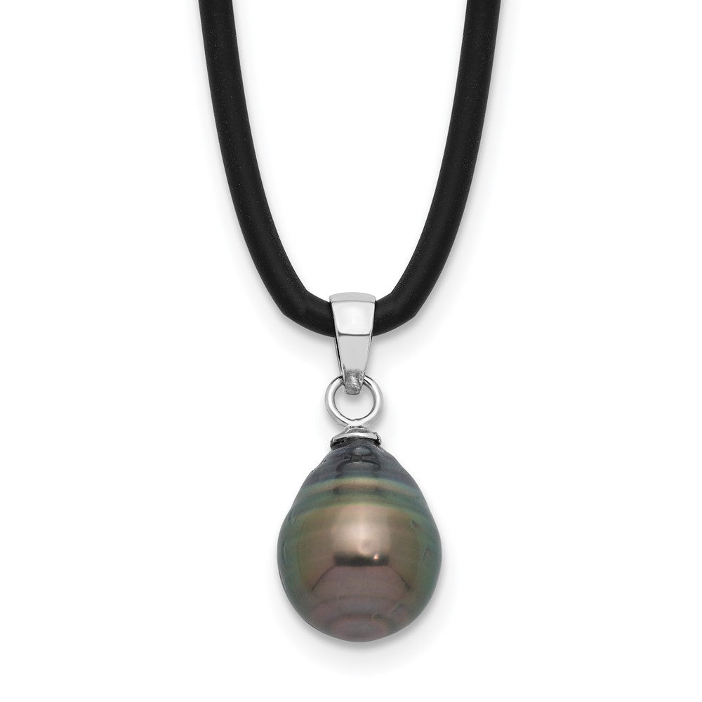 Sterling Silver Rhodium Plated Tahitian Pearl 18in Black Silicone Necklace