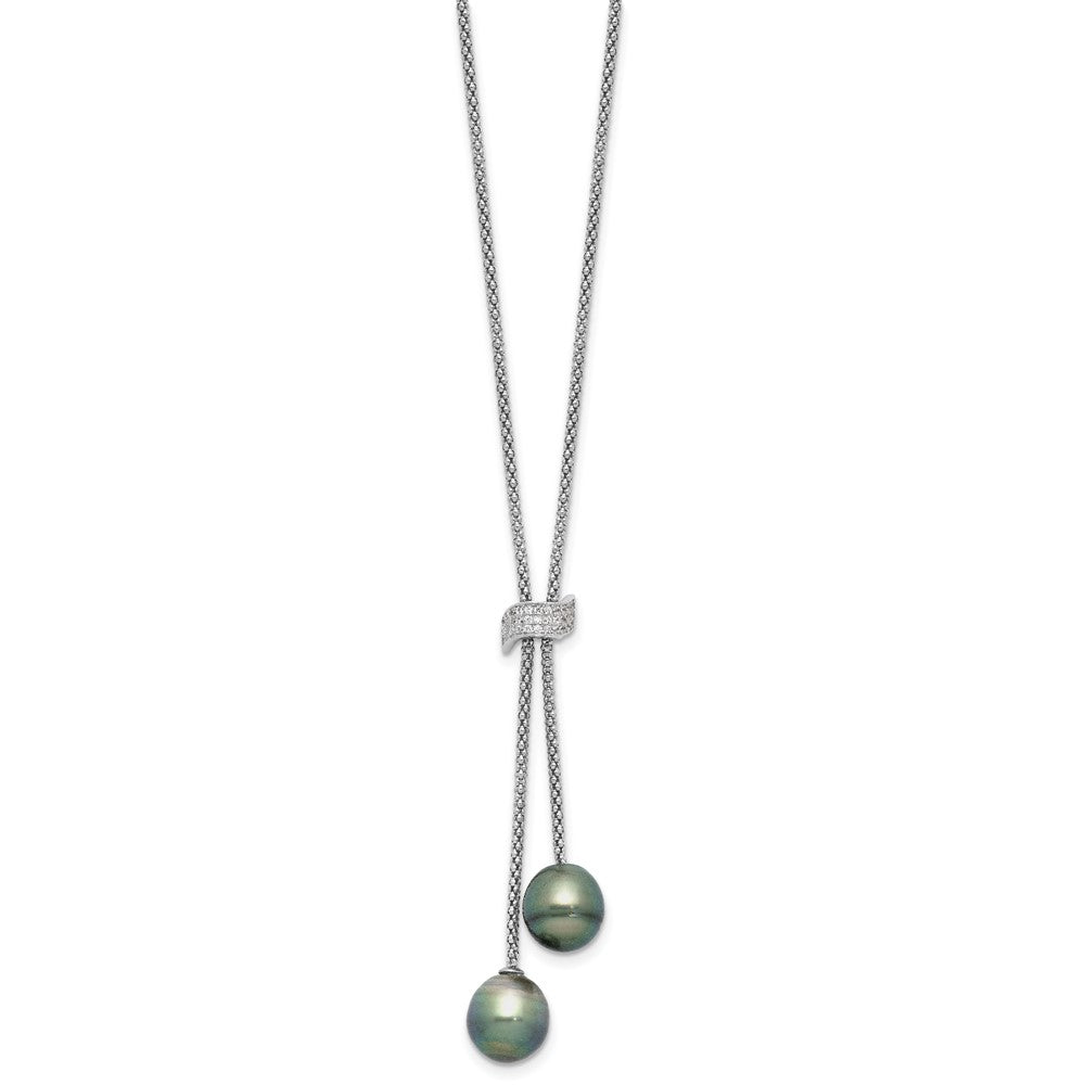 Sterling Silver Rhodium Plated Tahitian Pearl/cz Dangle w/2in Ext Necklace