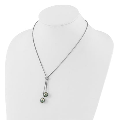 Sterling Silver Rhodium Plated Tahitian Pearl/cz Dangle w/2in Ext Necklace