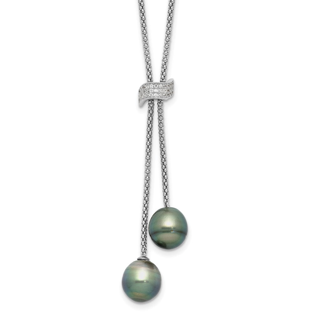 Sterling Silver Rhodium Plated Tahitian Pearl/cz Dangle w/2in Ext Necklace