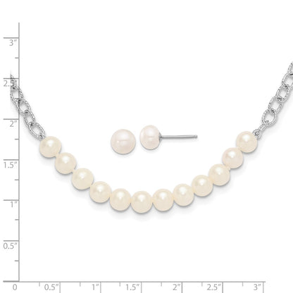 Sterling Silver Rhodium Plated White Fwc Pearl 18in Necklace/post Earring Set