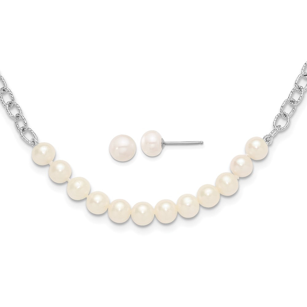 Sterling Silver Rhodium Plated White Fwc Pearl 18in Necklace/post Earring Set