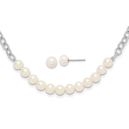 Sterling Silver Rhodium Plated White Fwc Pearl 18in Necklace/post Earring Set