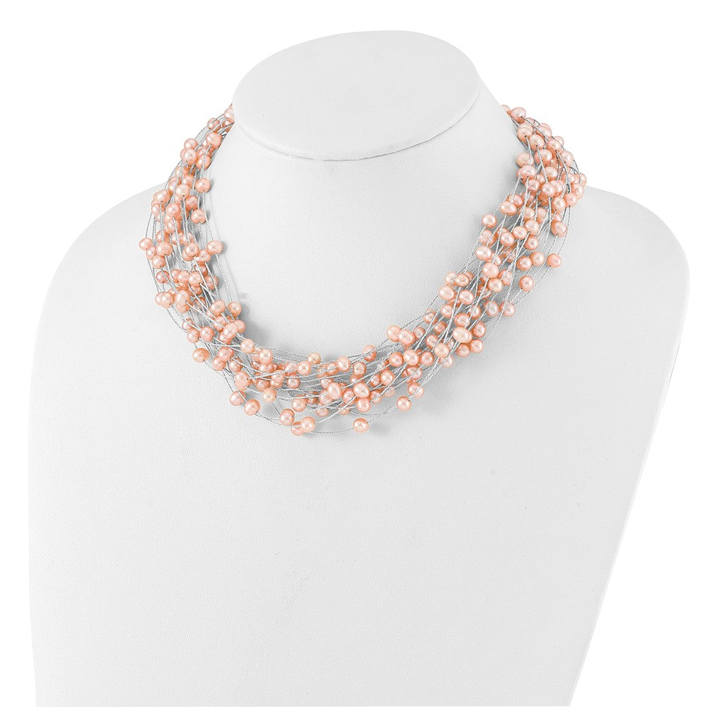Sterling Silver Rhodium Plated 5-5.5mm Pink Fwc Pearl Multi Strand Necklace