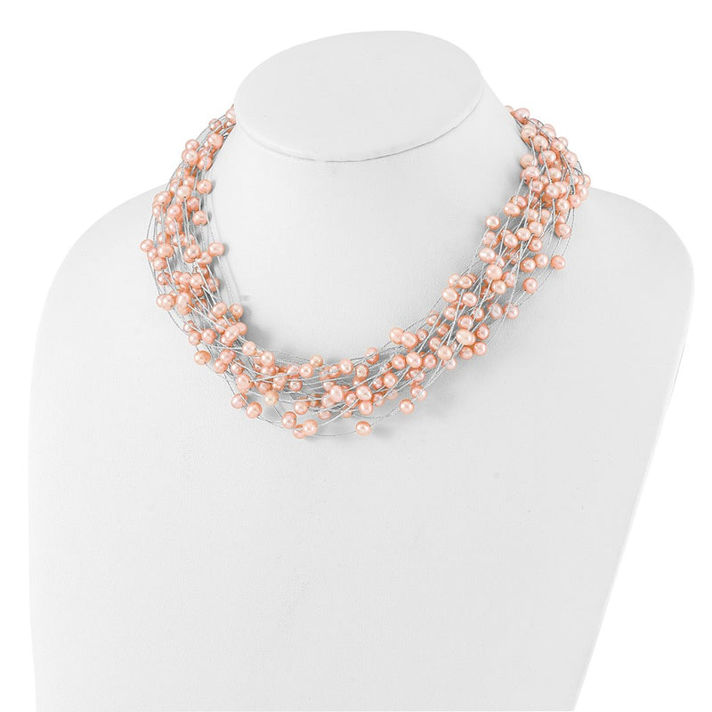 Sterling Silver Rhodium Plated 5-5.5mm Pink Fwc Pearl Multi Strand Necklace