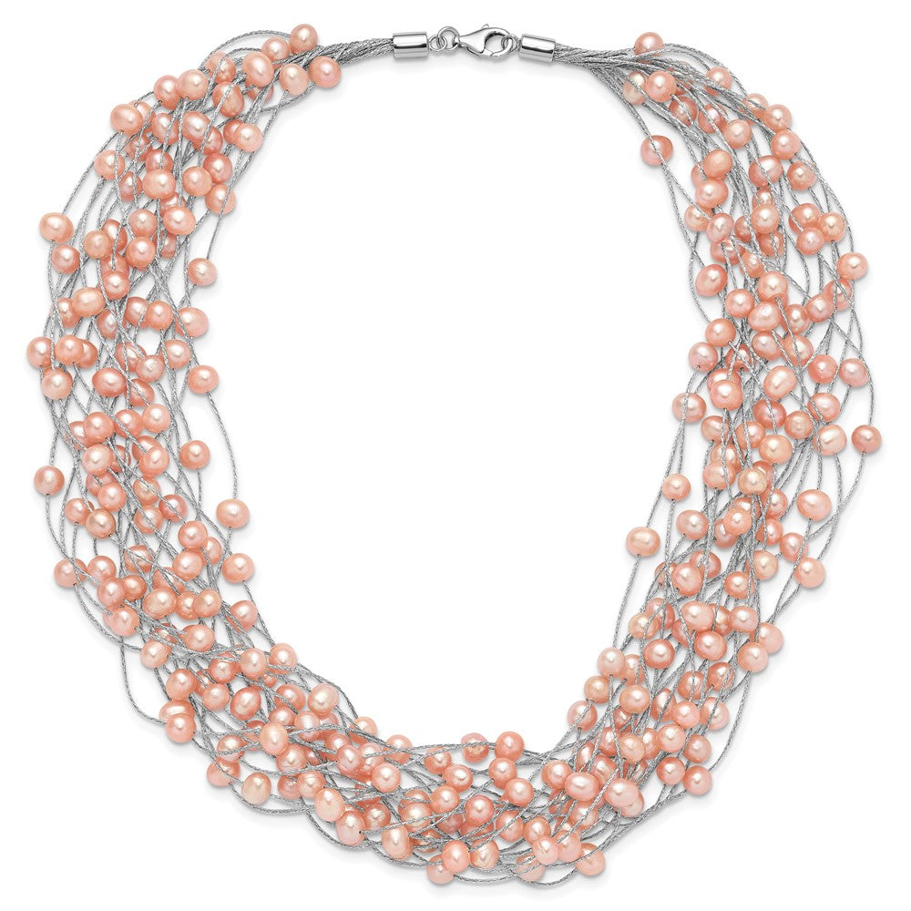 Sterling Silver Rhodium Plated 5-5.5mm Pink Fwc Pearl Multi Strand Necklace