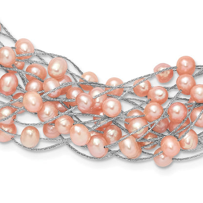 Sterling Silver Rhodium Plated 5-5.5mm Pink Fwc Pearl Multi Strand Necklace