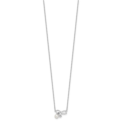Sterling Silver Rhodium Plated CZ 4mm Fwc Pearl Love Infinity w/2in Ext Necklace