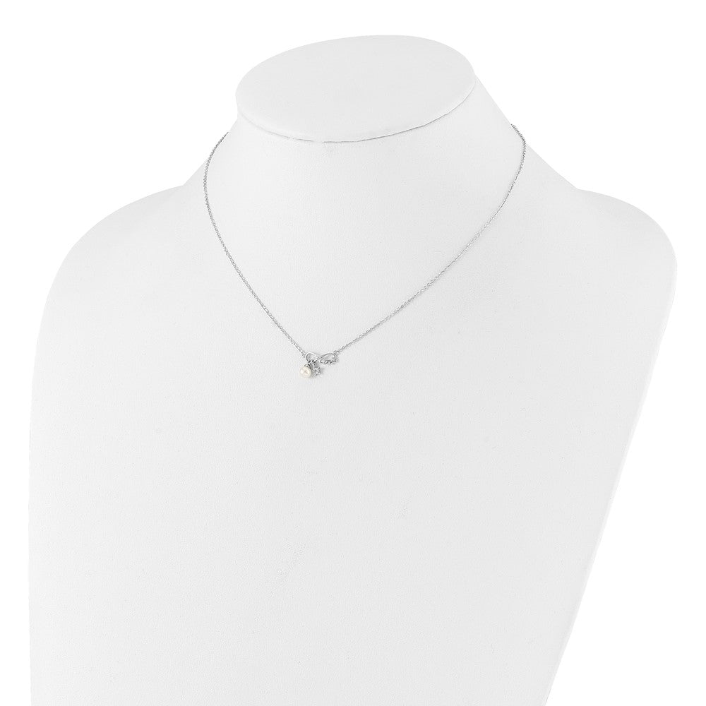 Sterling Silver Rhodium Plated CZ 4mm Fwc Pearl Love Infinity w/2in Ext Necklace
