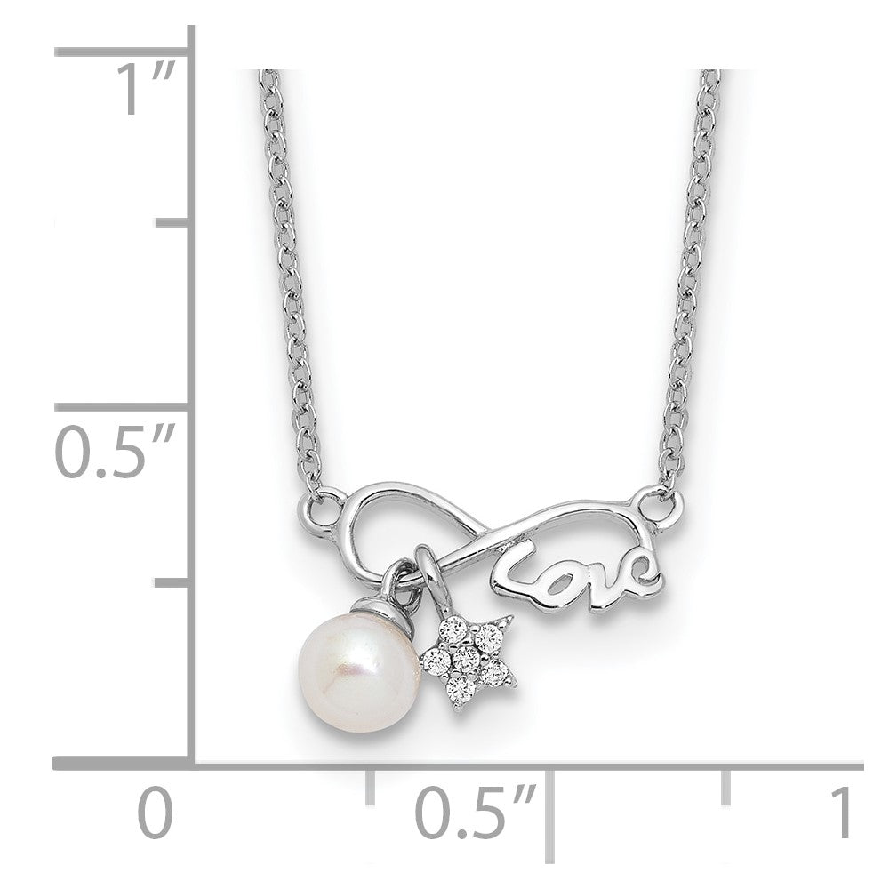 Sterling Silver Rhodium Plated CZ 4mm Fwc Pearl Love Infinity w/2in Ext Necklace