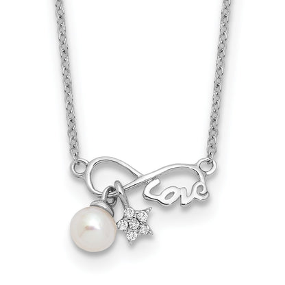 Sterling Silver Rhodium Plated CZ 4mm Fwc Pearl Love Infinity w/2in Ext Necklace