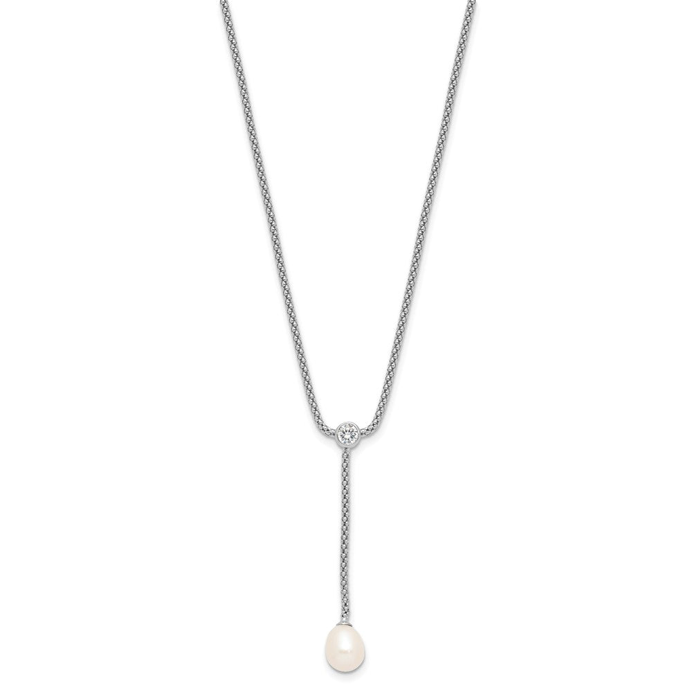 Sterling Silver Rhodium Plated 8-9mm Fwc Pearl/cz Drop Dangle 18in Necklace