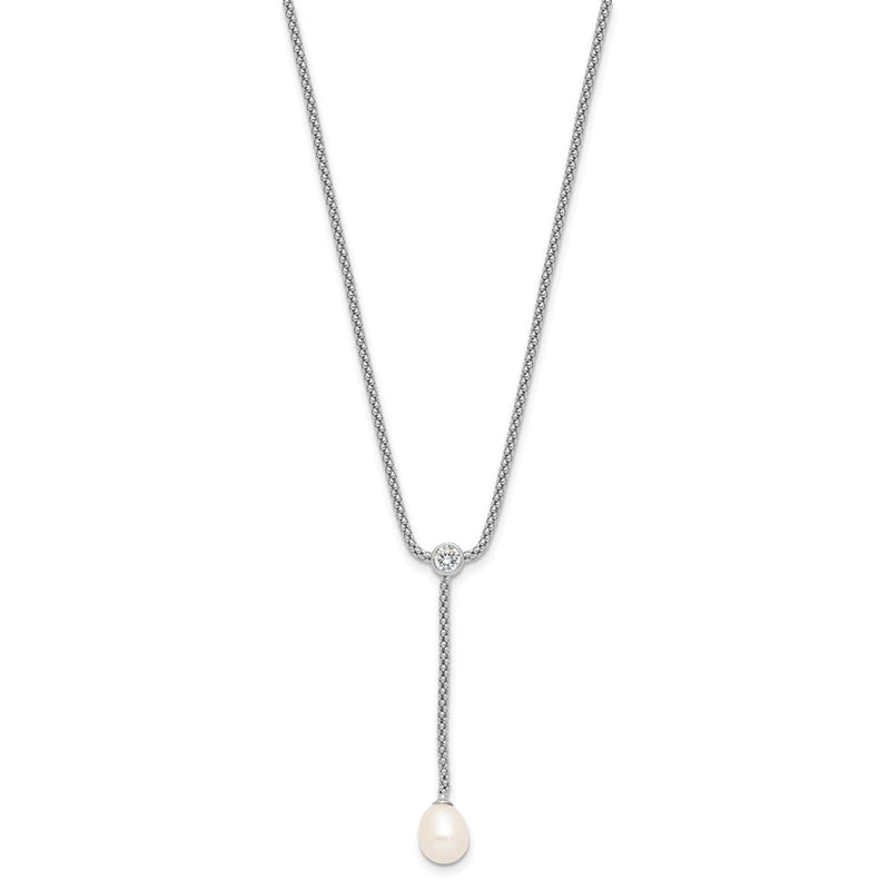 Sterling Silver Rhodium Plated 8-9mm Fwc Pearl/cz Drop Dangle 18in Necklace