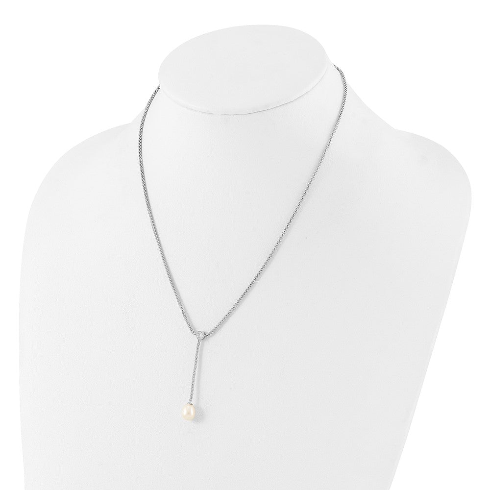 Sterling Silver Rhodium Plated 8-9mm Fwc Pearl/cz Drop Dangle 18in Necklace