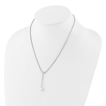 Sterling Silver Rhodium Plated 8-9mm Fwc Pearl/cz Drop Dangle 18in Necklace