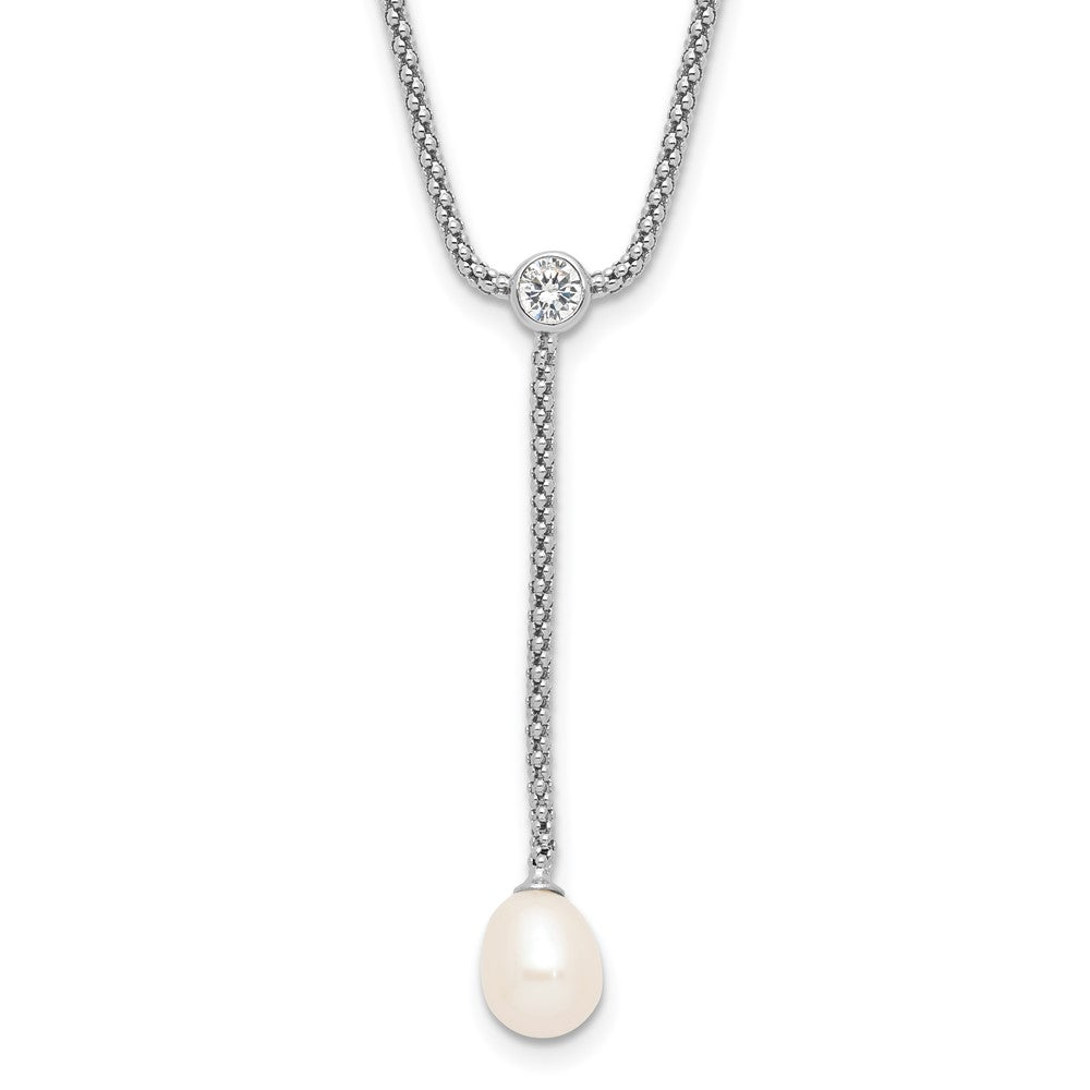 Sterling Silver Rhodium Plated 8-9mm Fwc Pearl/cz Drop Dangle 18in Necklace