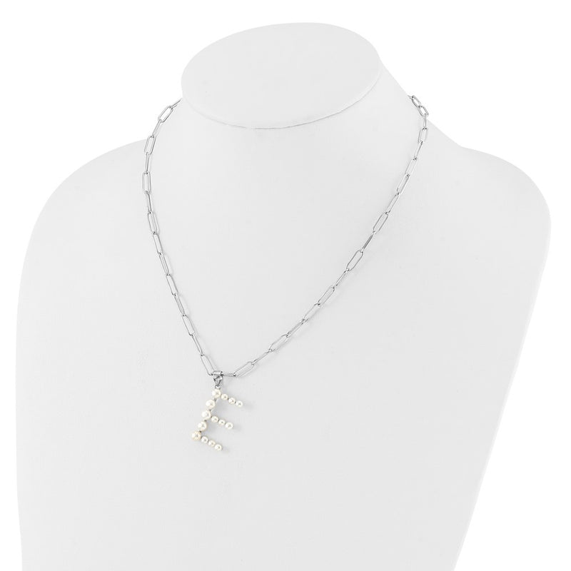 Sterling Silver Rhodium Plated 3-5.5mm Fwc Pearl Letter E 18in Necklace