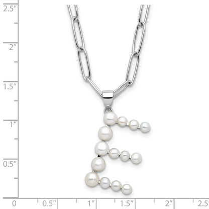 Sterling Silver Rhodium Plated 3-5.5mm Fwc Pearl Letter E 18in Necklace