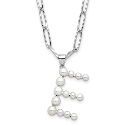 Sterling Silver Rhodium Plated 3-5.5mm Fwc Pearl Letter E 18in Necklace