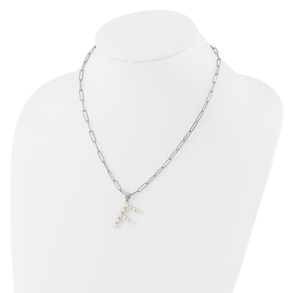 Sterling Silver Rhodium Plated 3-5.5mm Fwc Pearl Letter F 18in Necklace