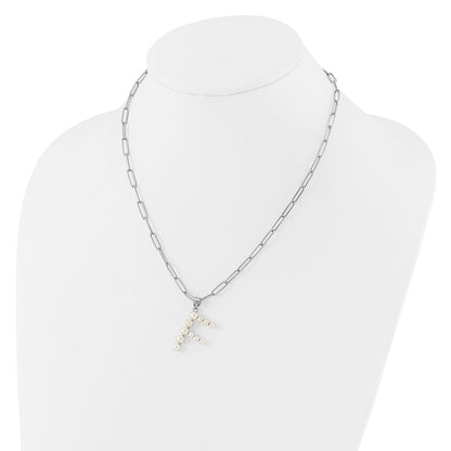 Sterling Silver Rhodium Plated 3-5.5mm Fwc Pearl Letter F 18in Necklace