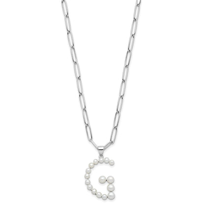Sterling Silver Rhodium Plated 3-5.5mm Fwc Pearl Letter G 18in Necklace