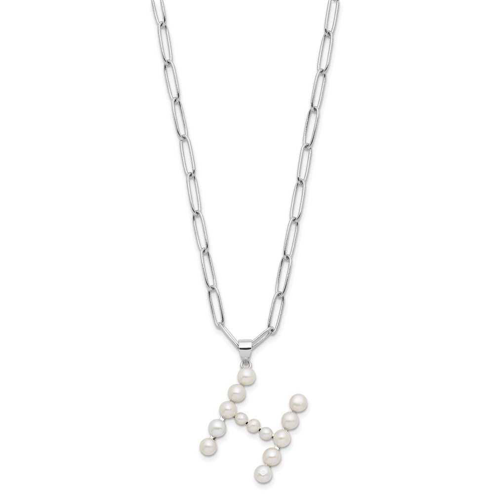 Sterling Silver Rhodium Plated 3-5.5mm Fwc Pearl Letter H 18in Necklace