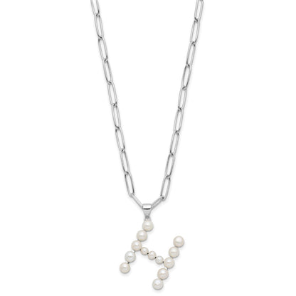 Sterling Silver Rhodium Plated 3-5.5mm Fwc Pearl Letter H 18in Necklace