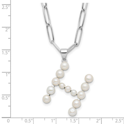 Sterling Silver Rhodium Plated 3-5.5mm Fwc Pearl Letter H 18in Necklace