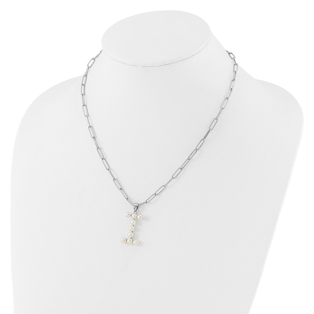 Sterling Silver Rhodium Plated 3-5.5mm Fwc Pearl Letter I 18in Necklace